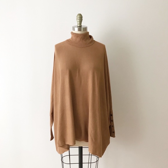 Alfani Sweaters - Cozy Brown Turtleneck Poncho Caramel Tan Dolman L